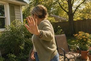Carol raising a hand to block the camera